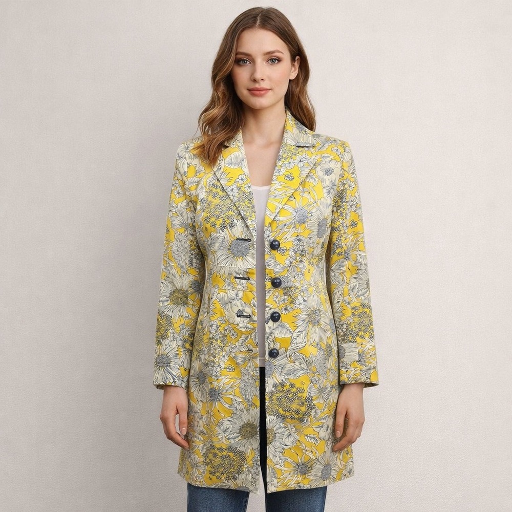 Liberty of London Target Sunflower Print Pea Coat Jacket Women XS‎ Yellow Long